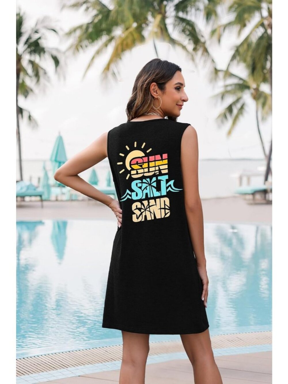Women's Black Stylish Sleeveless Beach Vacation Sundress Short Tank Mini Dress - Picture 6 of 6
